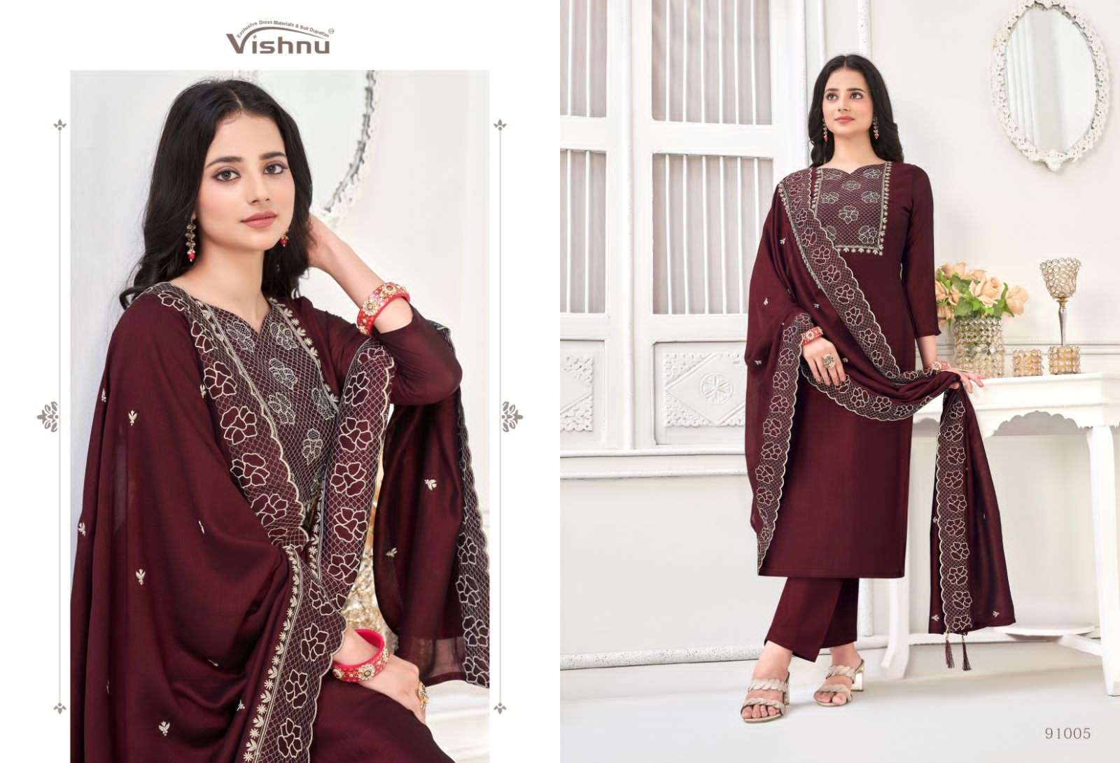 vishnu present nivisha festive wear designer work dress materials catalogue