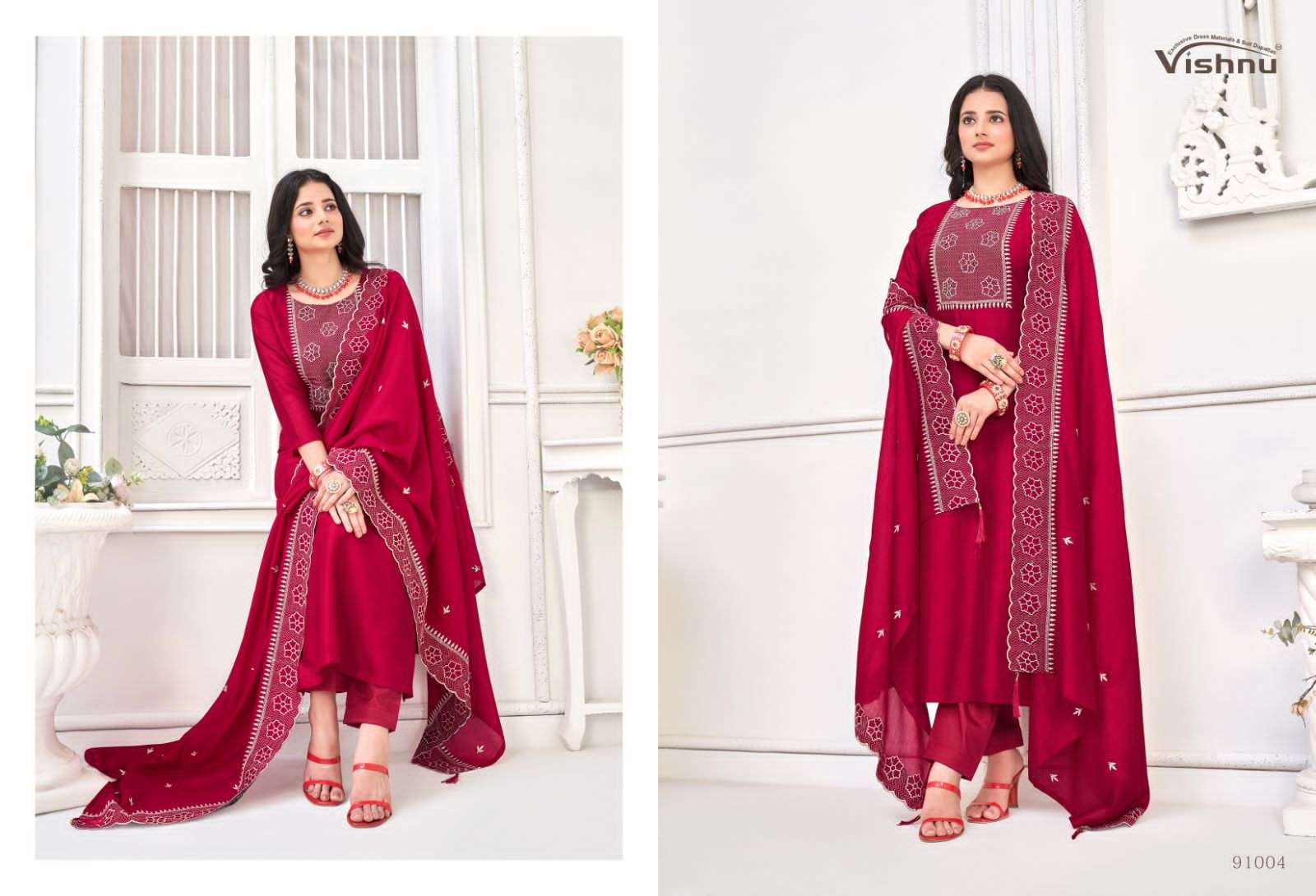 vishnu present nivisha festive wear designer work dress materials catalogue