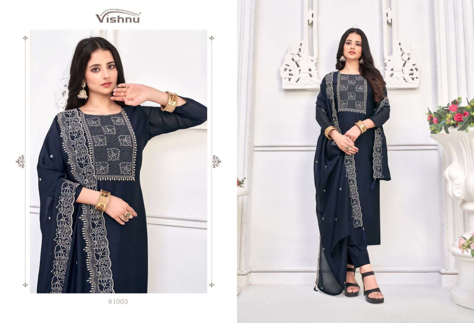 vishnu present nivisha festive wear designer work dress materials catalogue