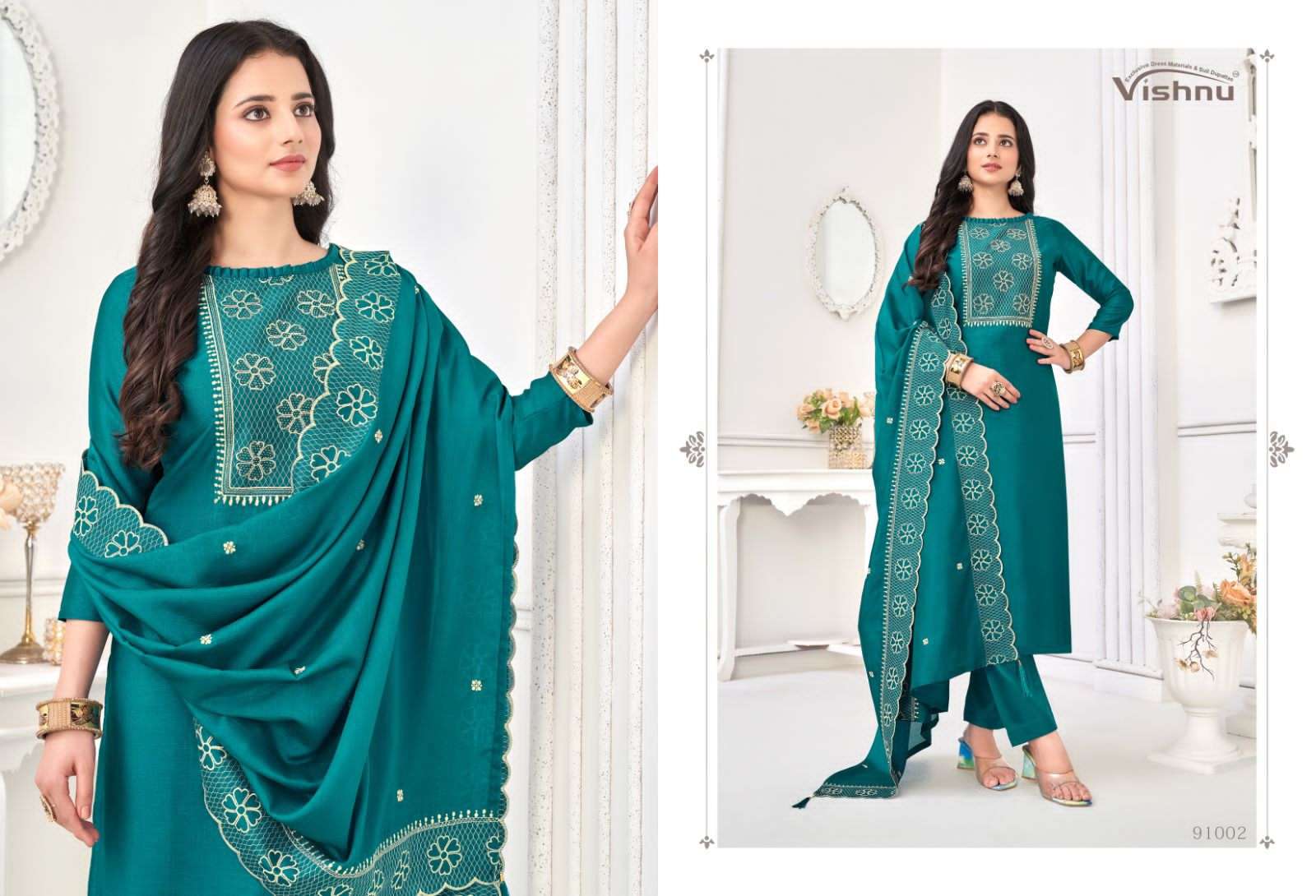 vishnu present nivisha festive wear designer work dress materials catalogue