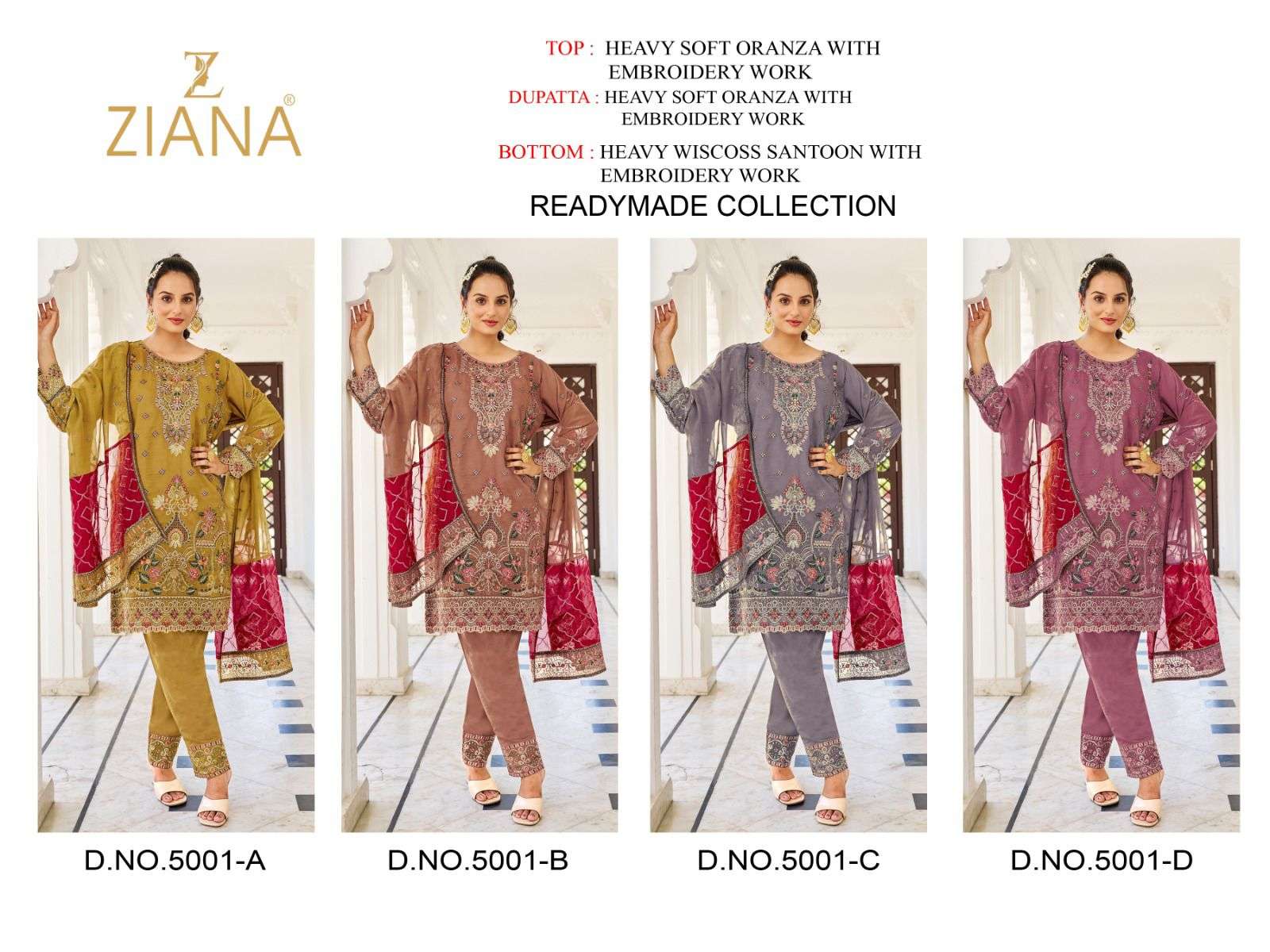 ziana 5001 colors designer organza readymade pakistani salwar kameez