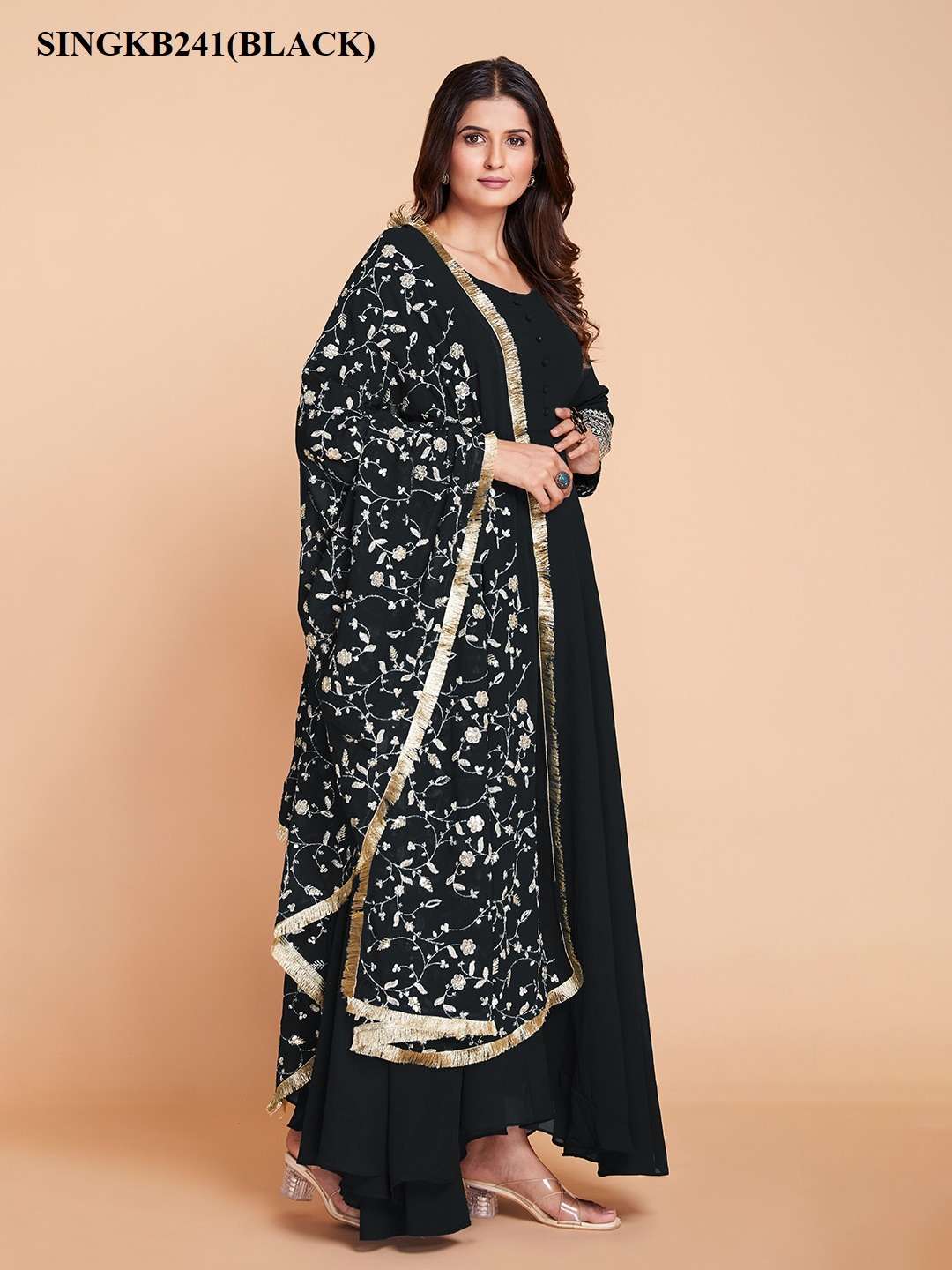 arya designs singkb241black color fancy readymade single long gown with pant and dupatta