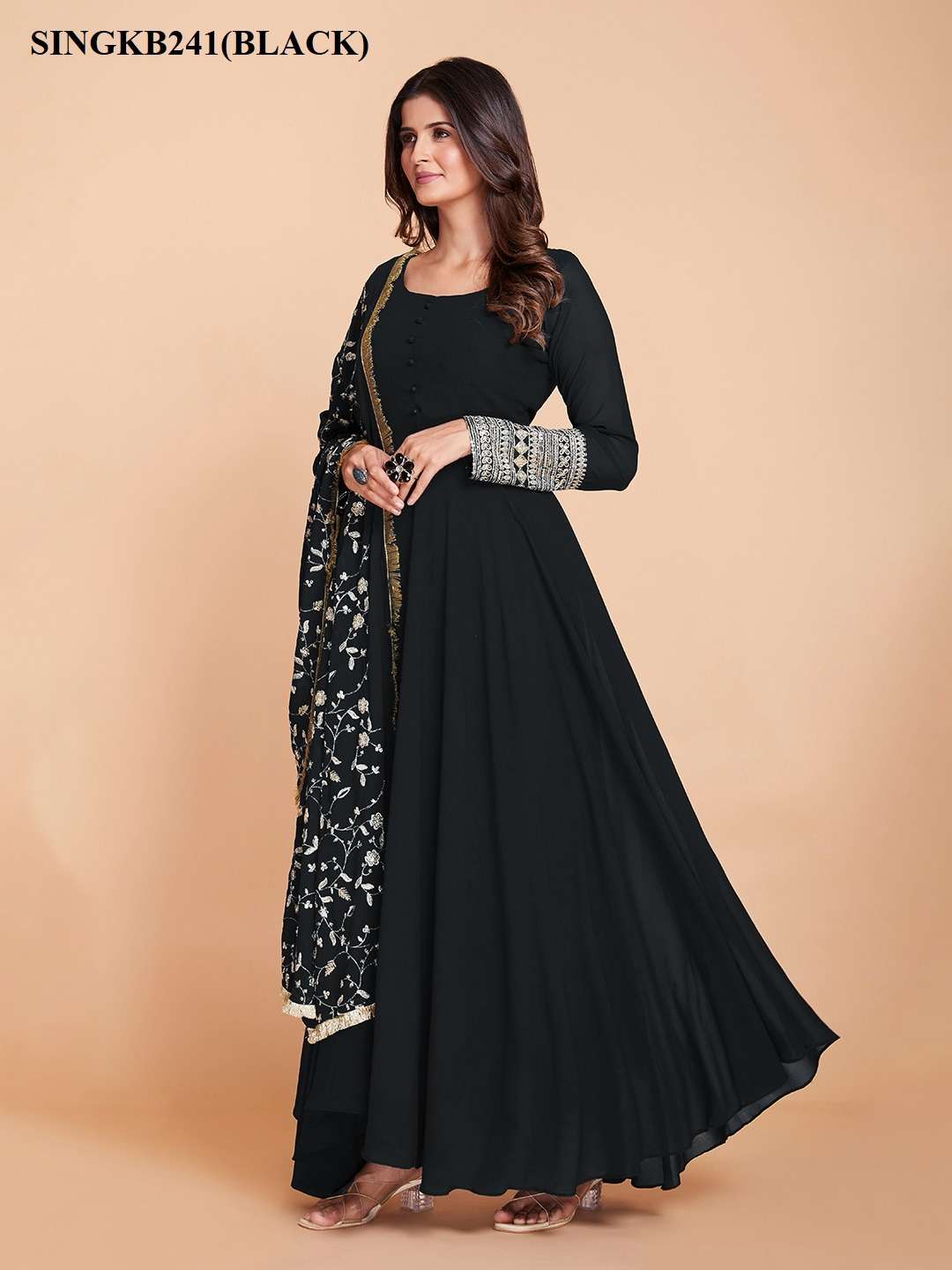 arya designs singkb241black color fancy readymade single long gown with pant and dupatta