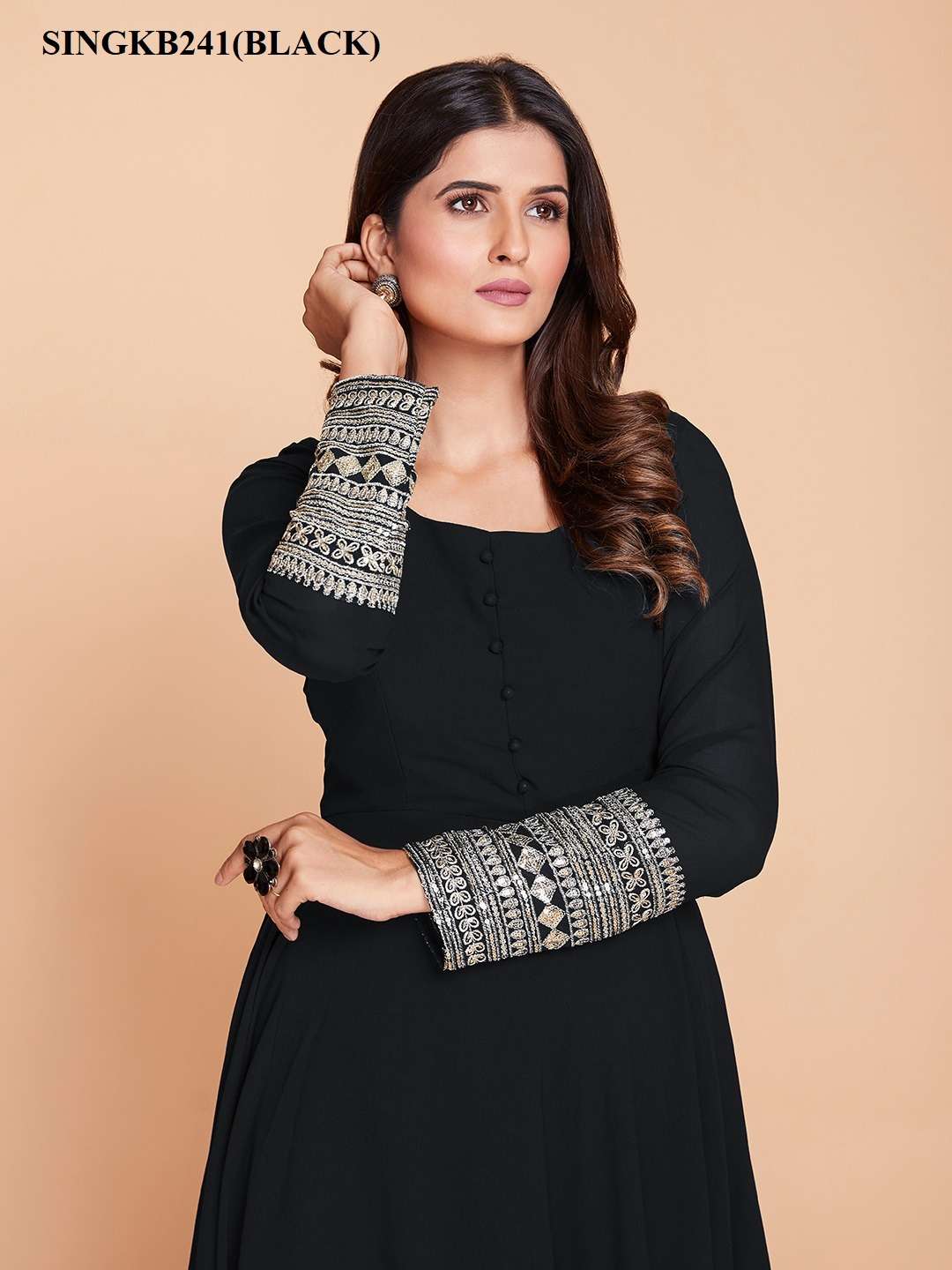 arya designs singkb241black color fancy readymade single long gown with pant and dupatta