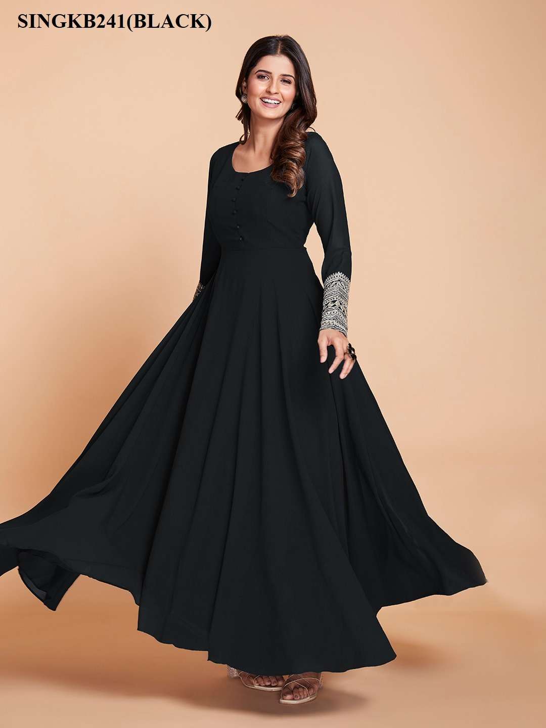 arya designs singkb241black color fancy readymade single long gown with pant and dupatta