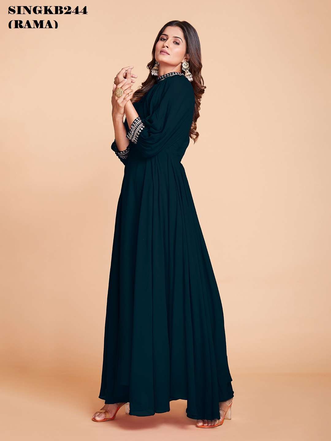 arya designs singkb244 rama color festive wear long gown with designer sleeves combo set