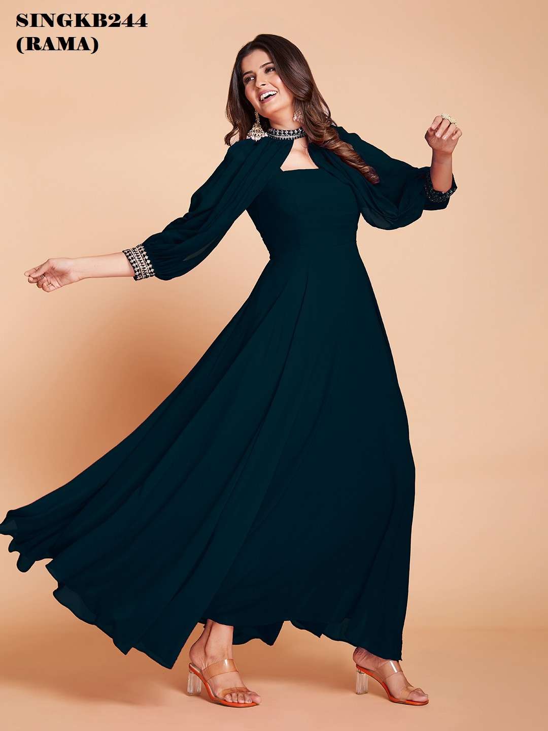 arya designs singkb244 rama color festive wear long gown with designer sleeves combo set