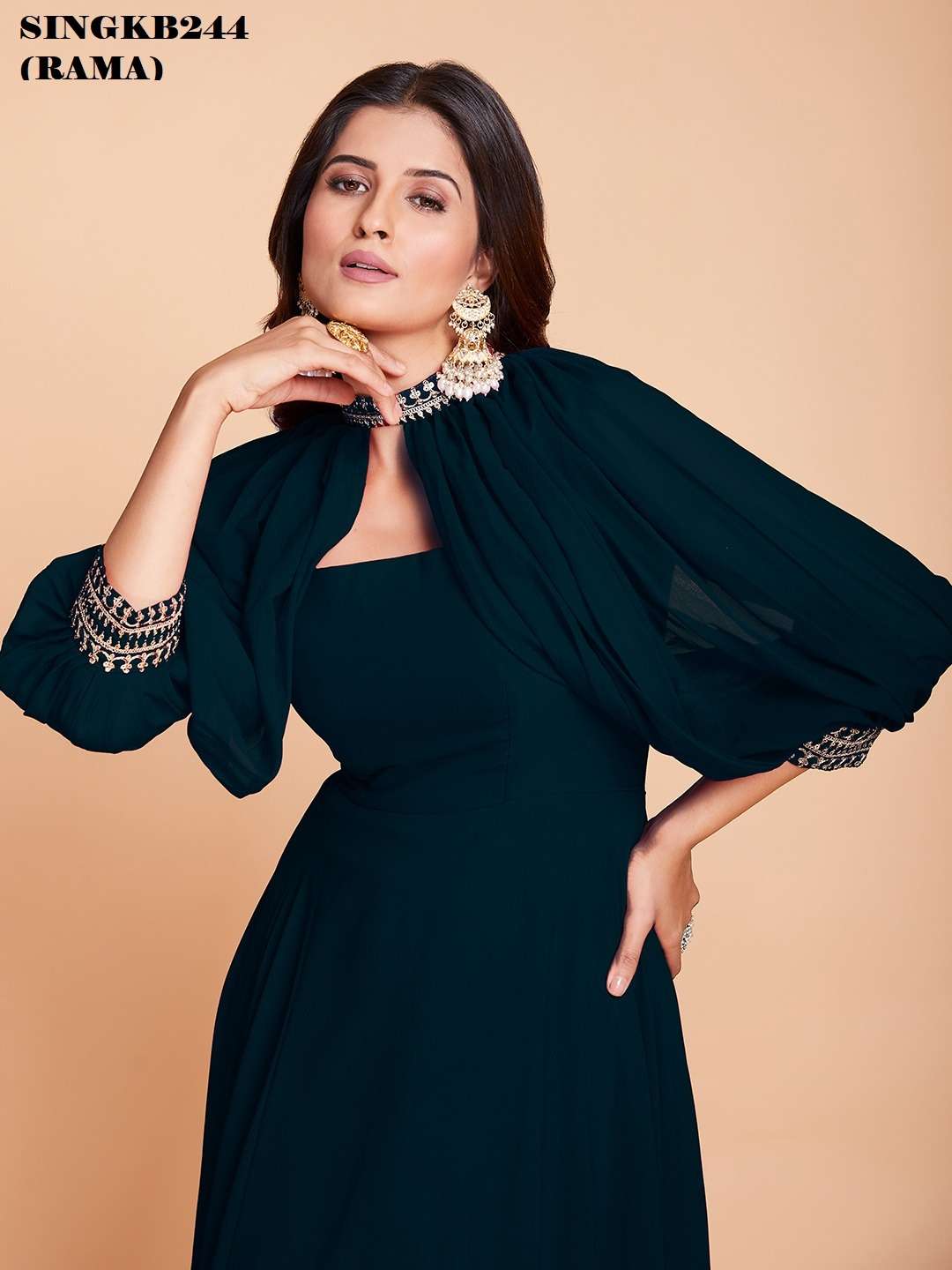 arya designs singkb244 rama color festive wear long gown with designer sleeves combo set