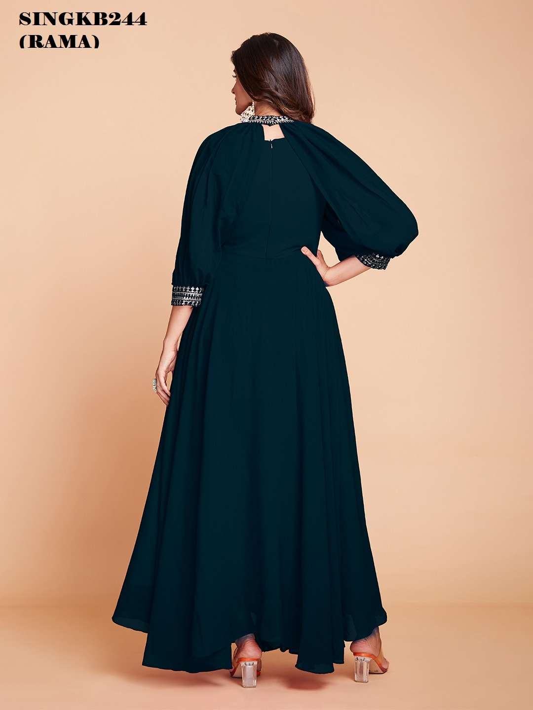 arya designs singkb244 rama color festive wear long gown with designer sleeves combo set