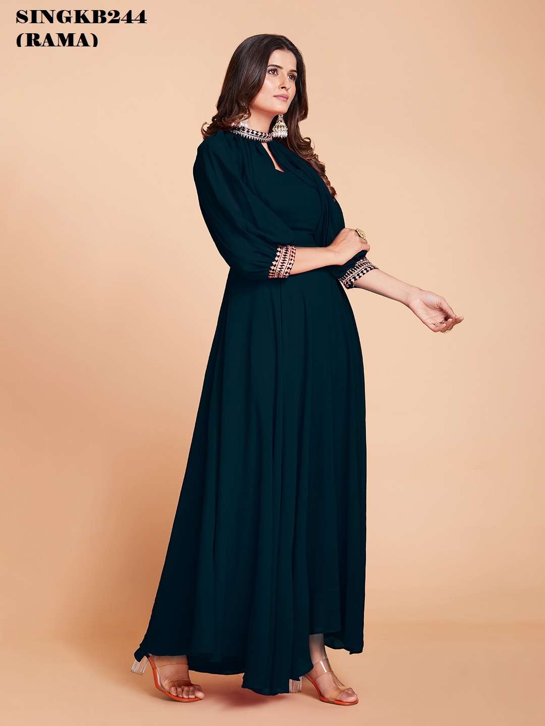 arya designs singkb244 rama color festive wear long gown with designer sleeves combo set