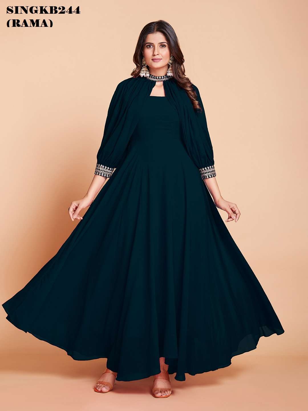 arya designs singkb244 rama color festive wear long gown with designer sleeves combo set