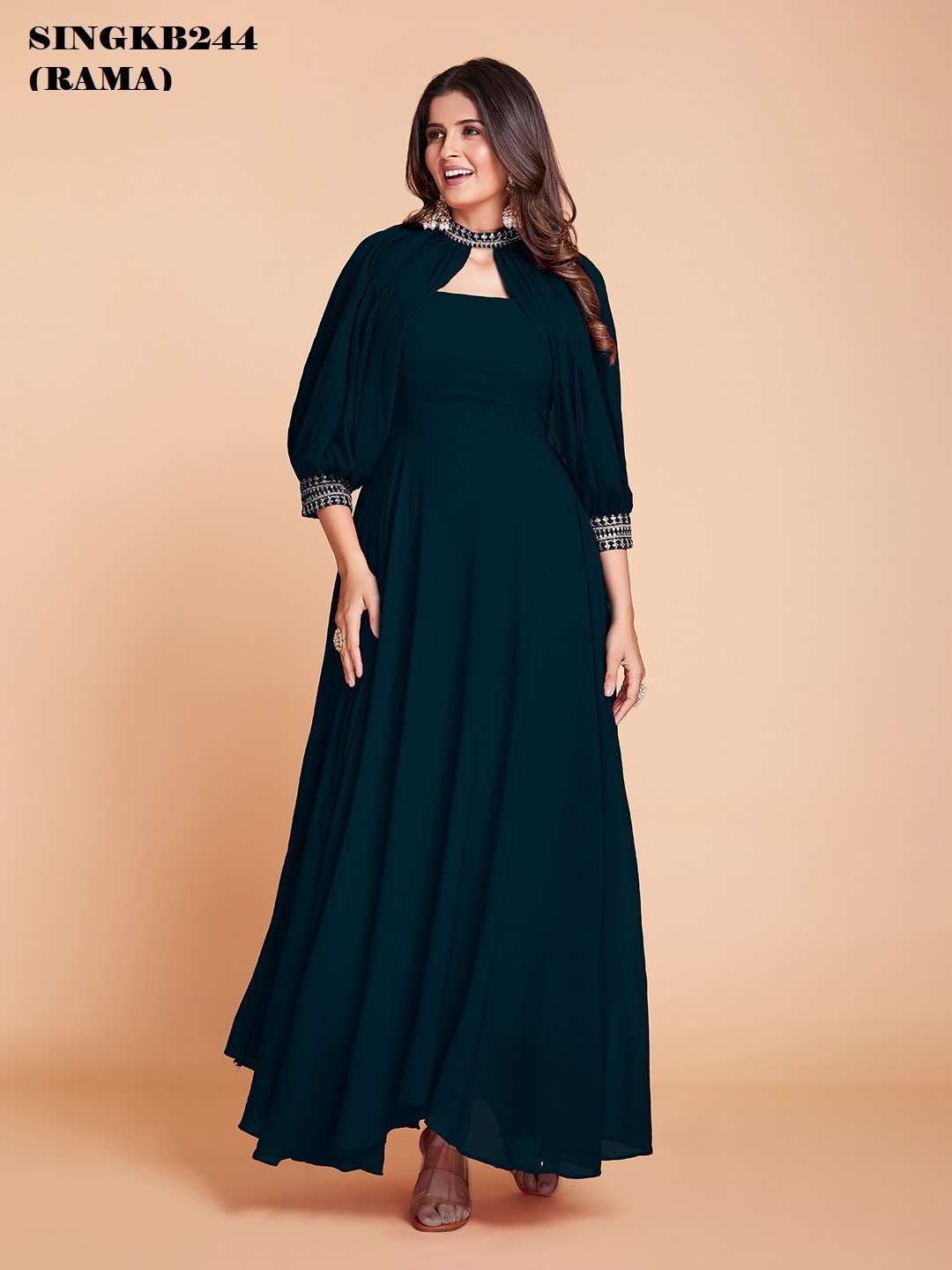 arya designs singkb244 rama color festive wear long gown with designer sleeves combo set