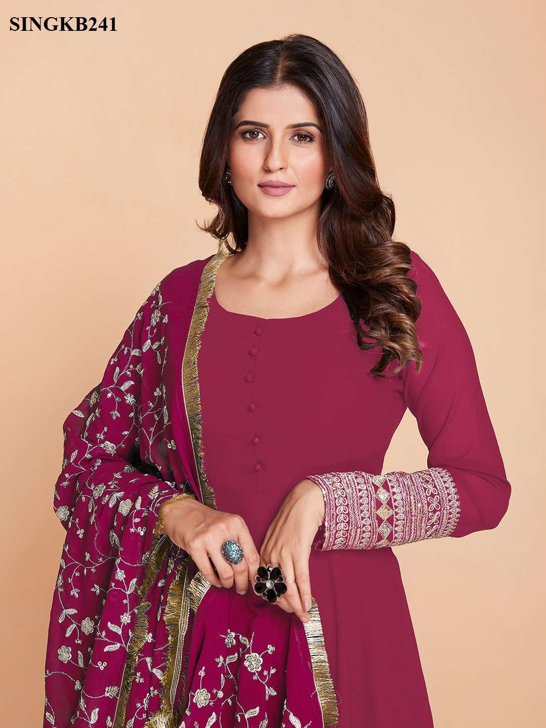 arya singkb241pink color fancy party wear long gown with pant and dupatta combo set