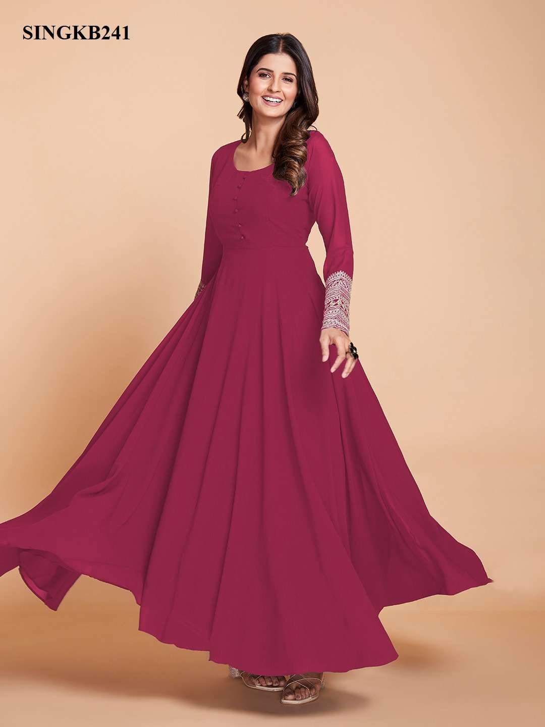 arya singkb241pink color fancy party wear long gown with pant and dupatta combo set