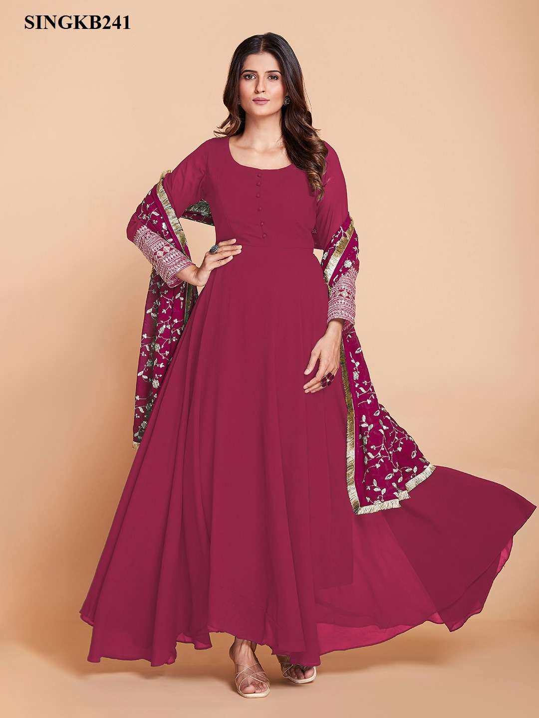 arya singkb241pink color fancy party wear long gown with pant and dupatta combo set