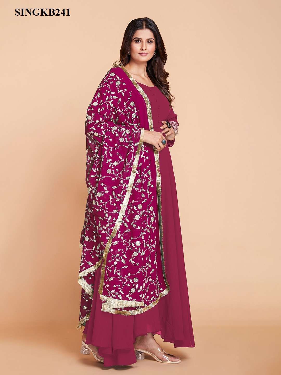 arya singkb241pink color fancy party wear long gown with pant and dupatta combo set