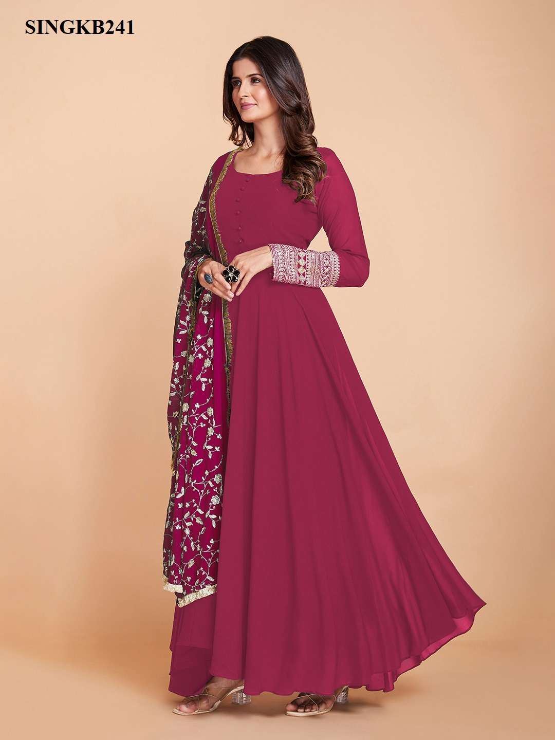 arya singkb241pink color fancy party wear long gown with pant and dupatta combo set