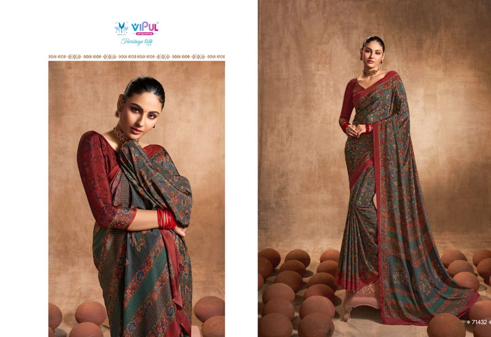 heritage silk vol 8 by vipul fashion crape silk printed sarees wholesaler