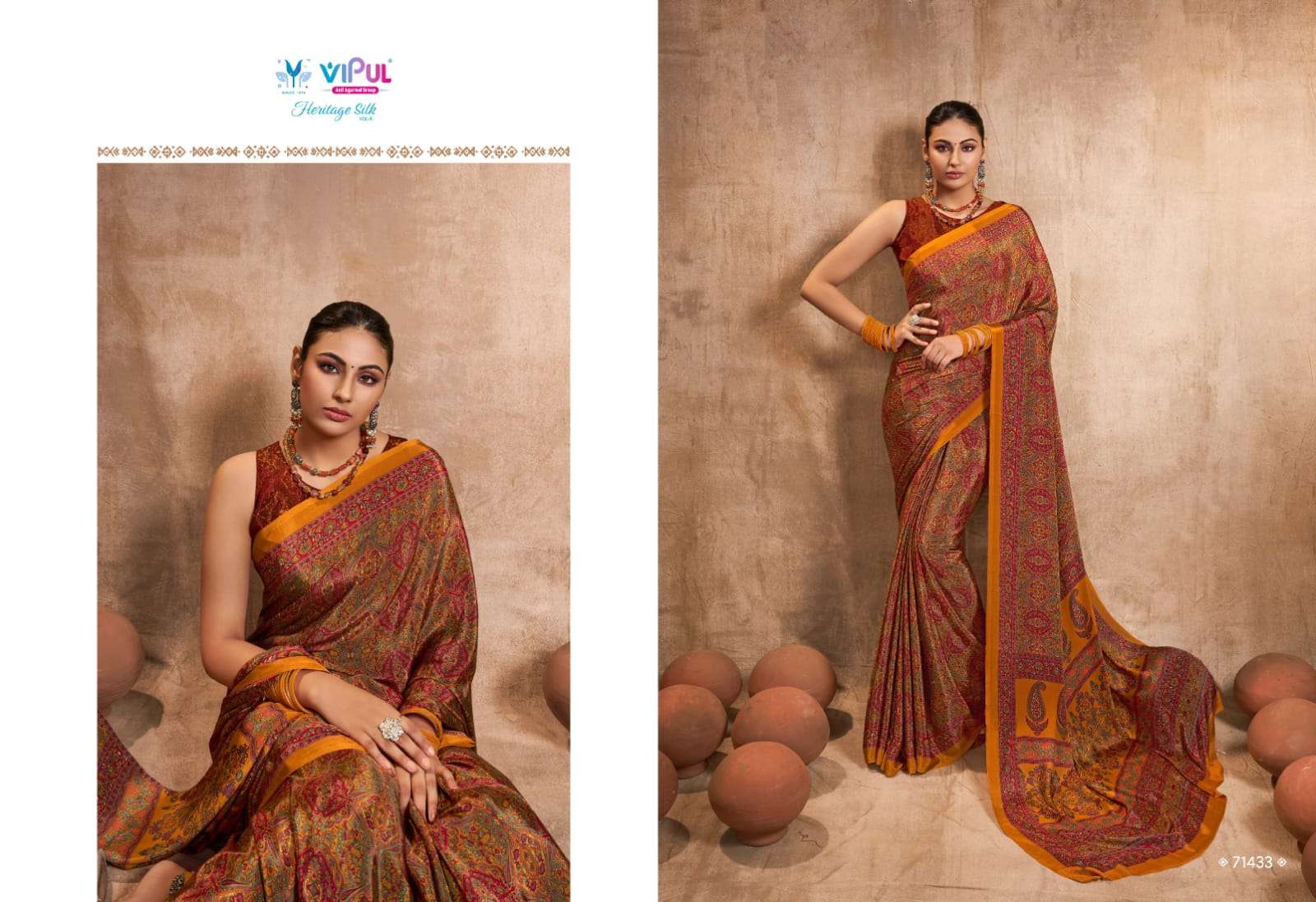 heritage silk vol 8 by vipul fashion crape silk printed sarees wholesaler