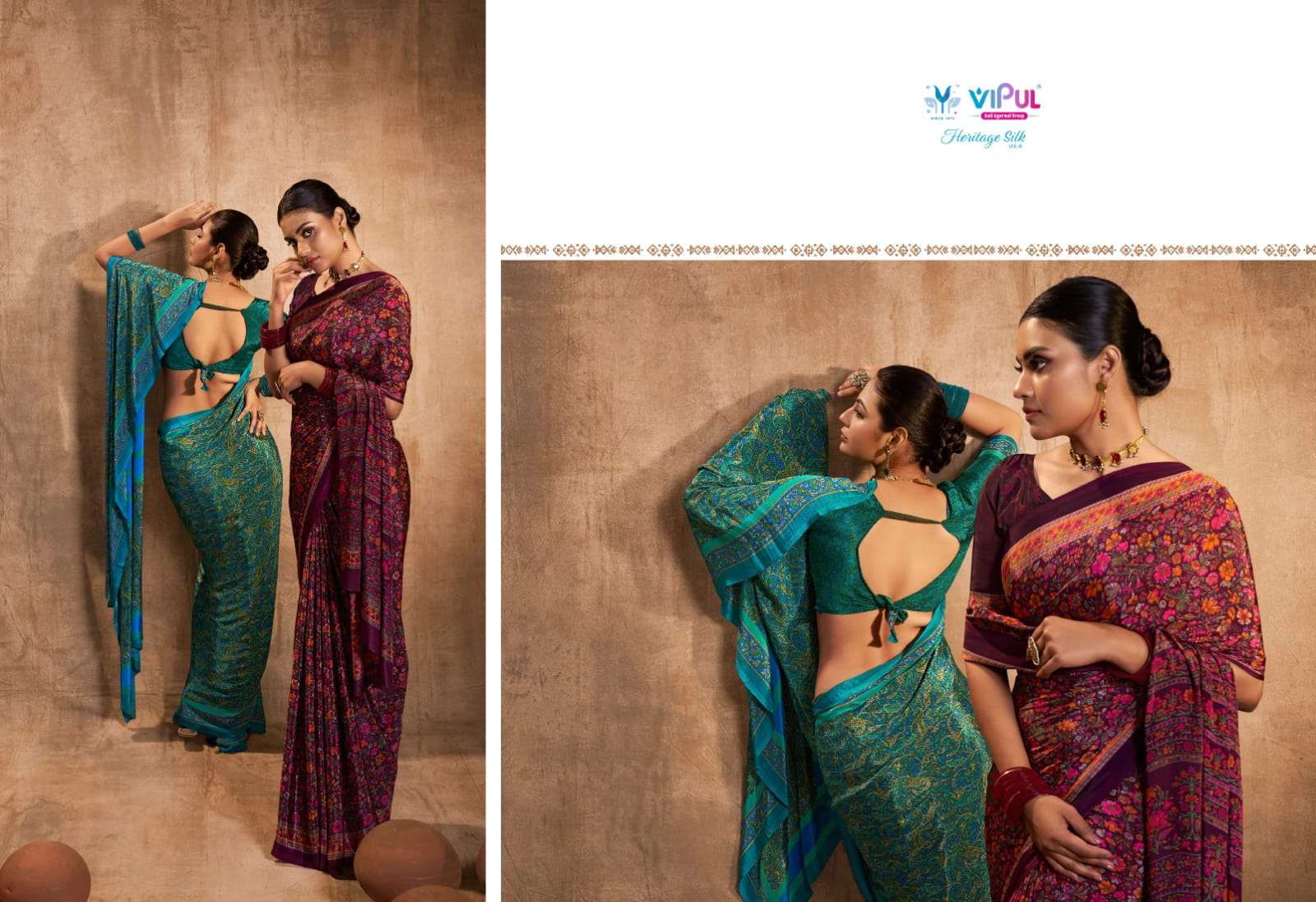 heritage silk vol 8 by vipul fashion crape silk printed sarees wholesaler