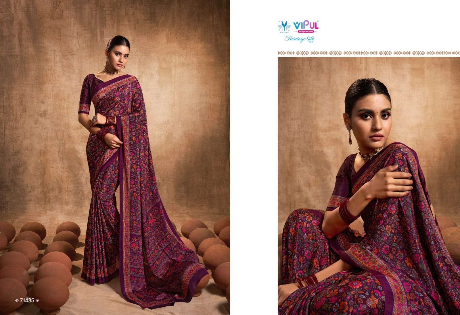 heritage silk vol 8 by vipul fashion crape silk printed sarees wholesaler