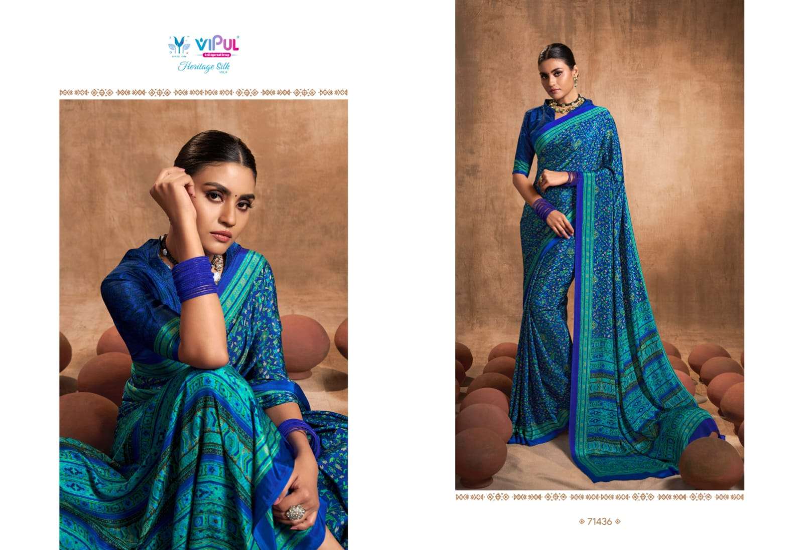 heritage silk vol 8 by vipul fashion crape silk printed sarees wholesaler