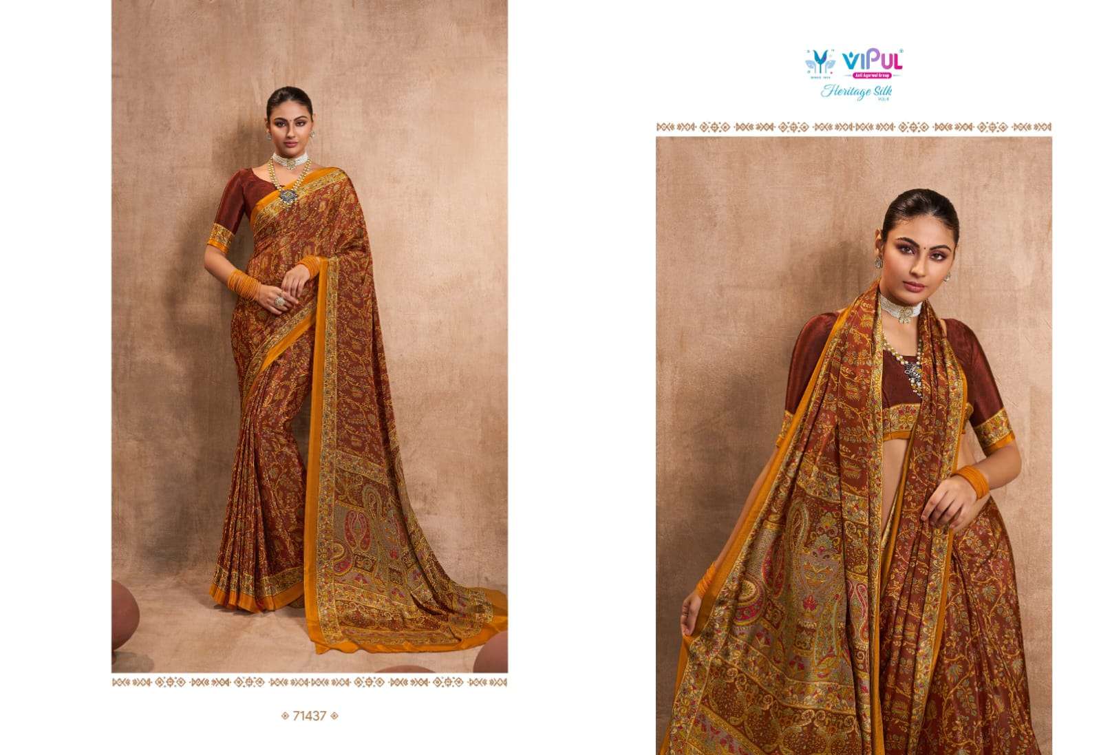 heritage silk vol 8 by vipul fashion crape silk printed sarees wholesaler