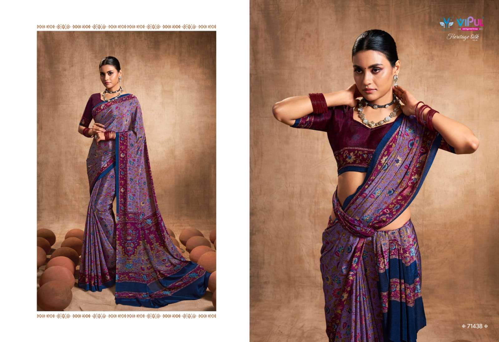 heritage silk vol 8 by vipul fashion crape silk printed sarees wholesaler