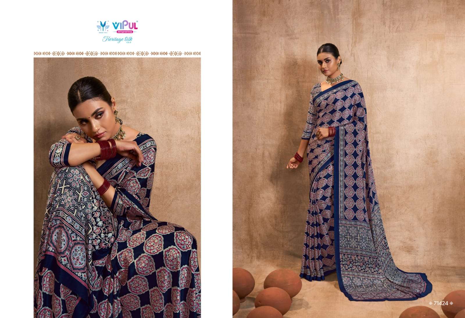 heritage silk vol 8 by vipul fashion crape silk printed sarees wholesaler