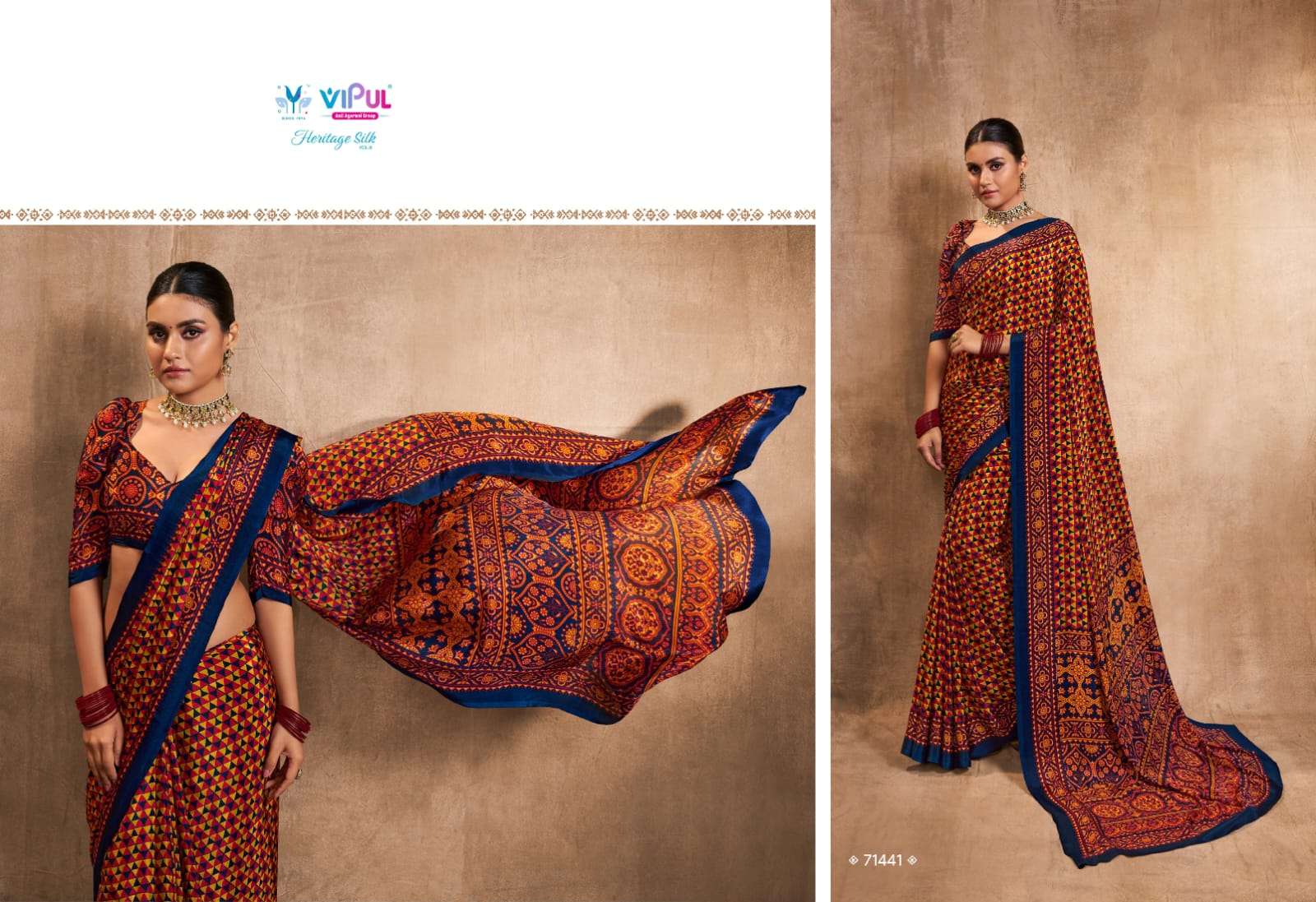 heritage silk vol 8 by vipul fashion crape silk printed sarees wholesaler