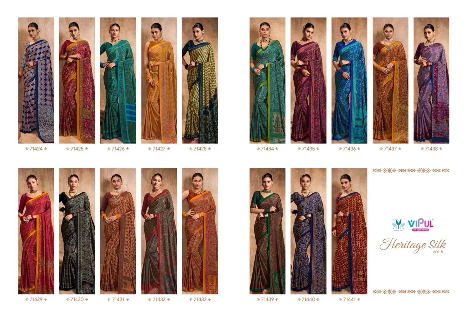 heritage silk vol 8 by vipul fashion crape silk printed sarees wholesaler