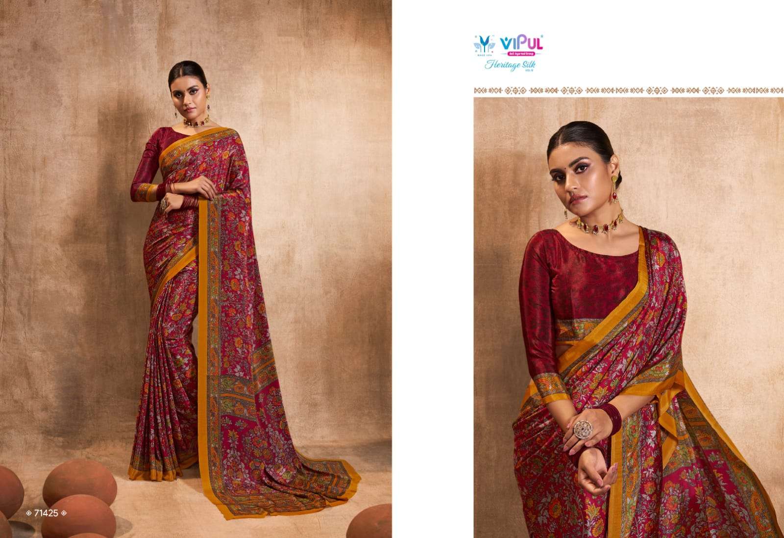 heritage silk vol 8 by vipul fashion crape silk printed sarees wholesaler