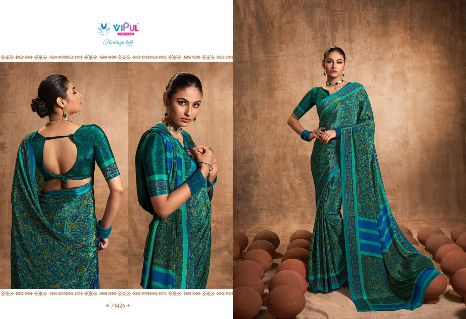 heritage silk vol 8 by vipul fashion crape silk printed sarees wholesaler