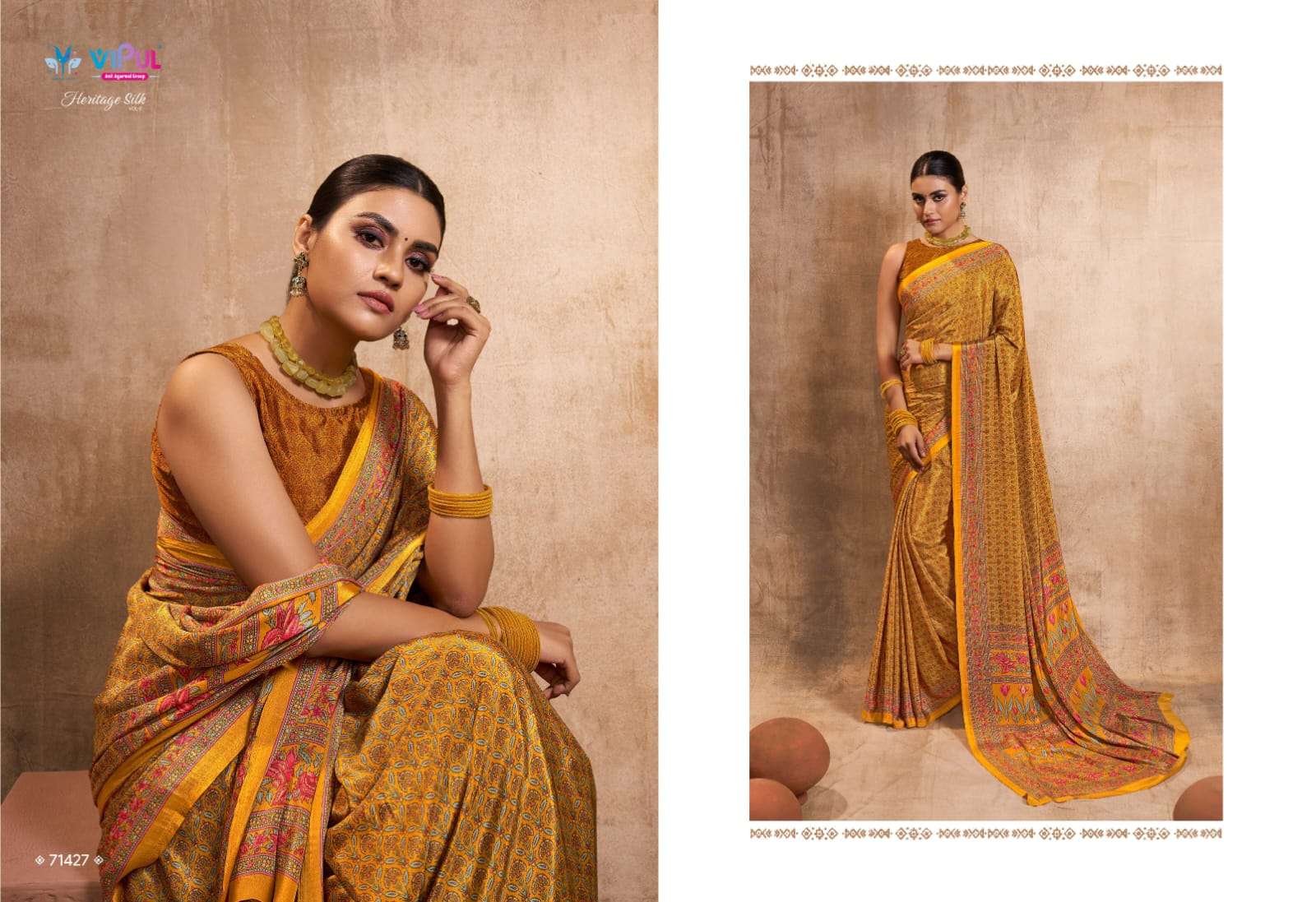heritage silk vol 8 by vipul fashion crape silk printed sarees wholesaler