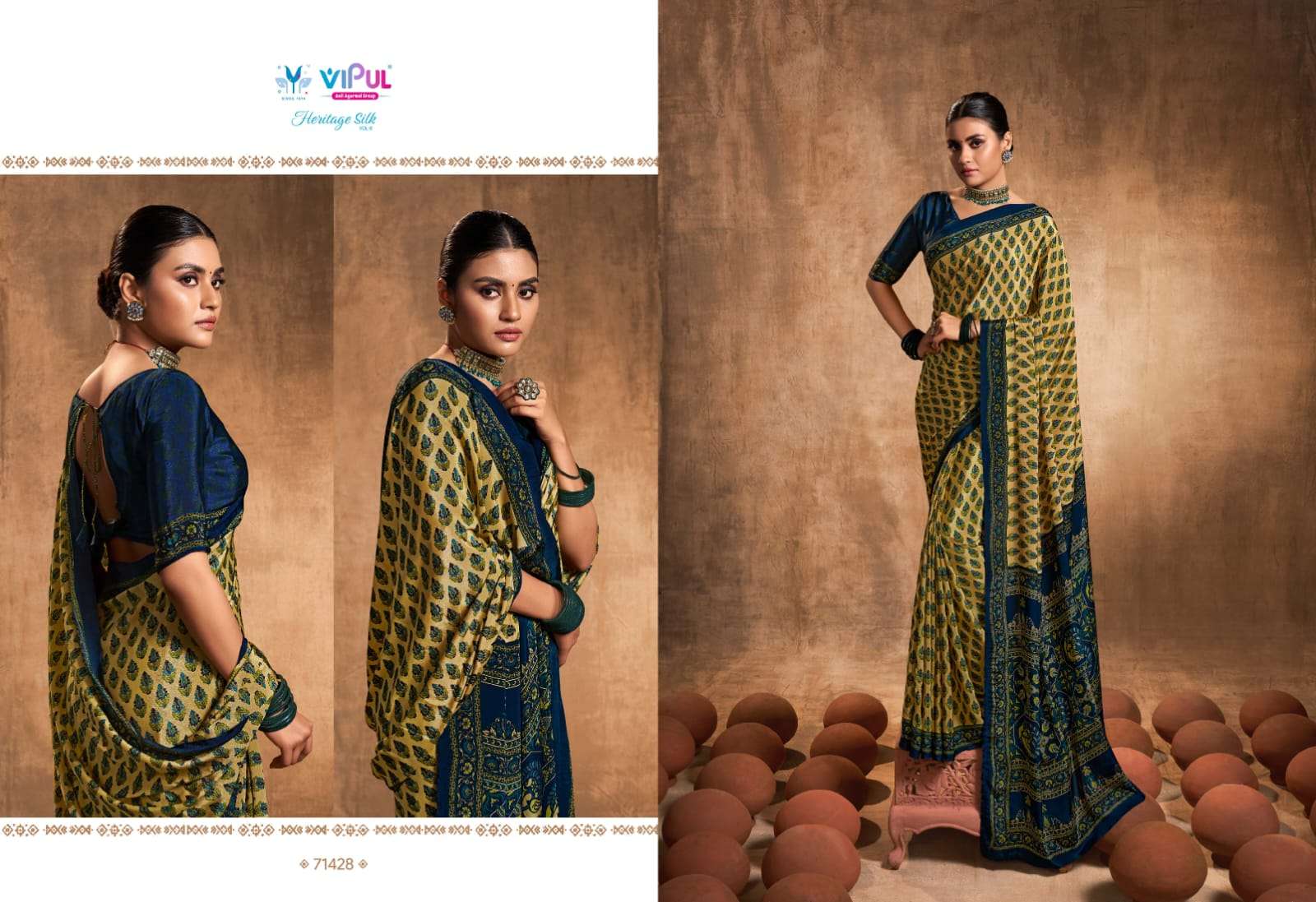 heritage silk vol 8 by vipul fashion crape silk printed sarees wholesaler