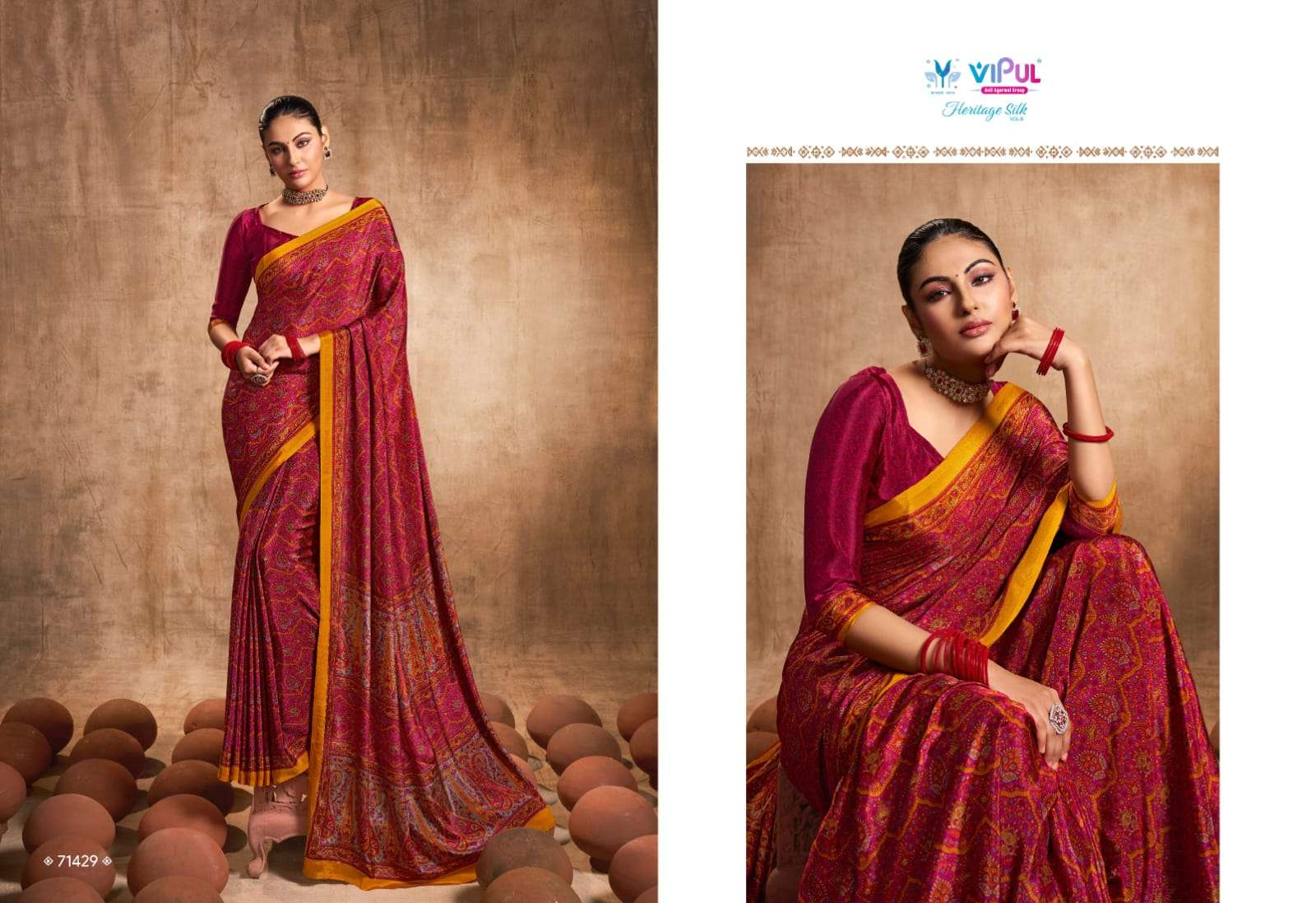 heritage silk vol 8 by vipul fashion crape silk printed sarees wholesaler
