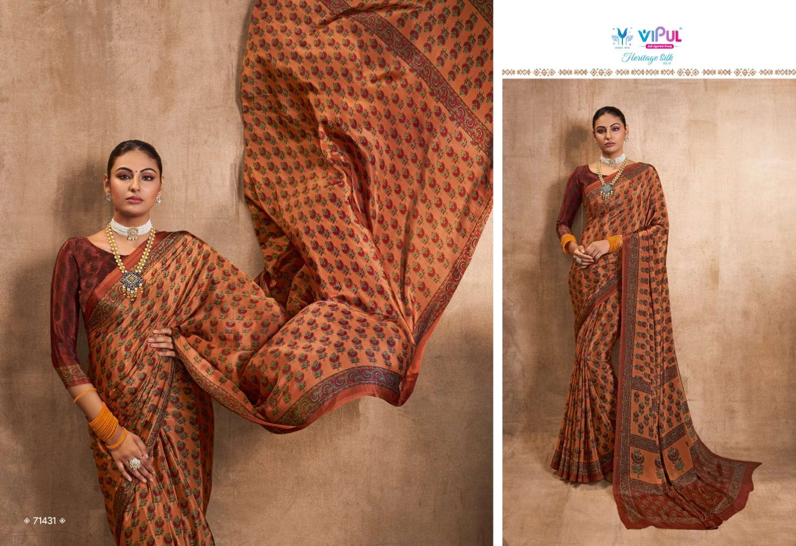 heritage silk vol 8 by vipul fashion crape silk printed sarees wholesaler
