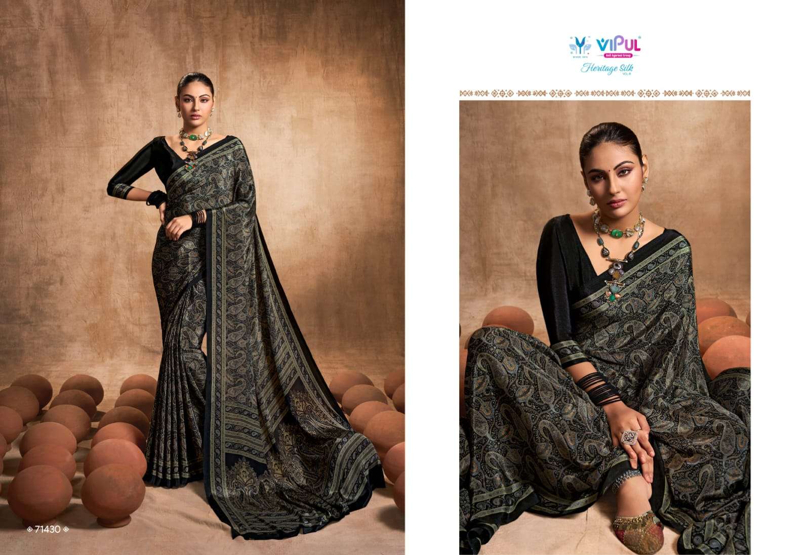 heritage silk vol 8 by vipul fashion crape silk printed sarees wholesaler