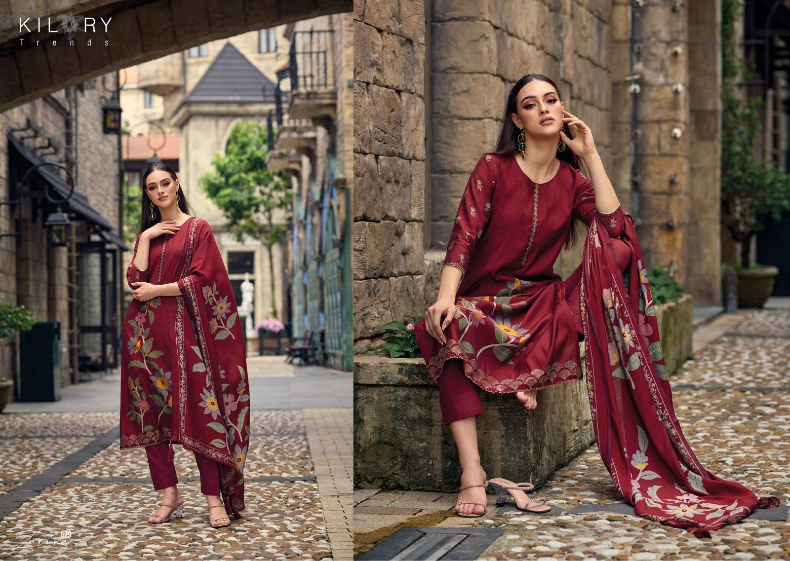 kilory trends launch zarina floral digital print fancy work salwar kameez wholesaler 