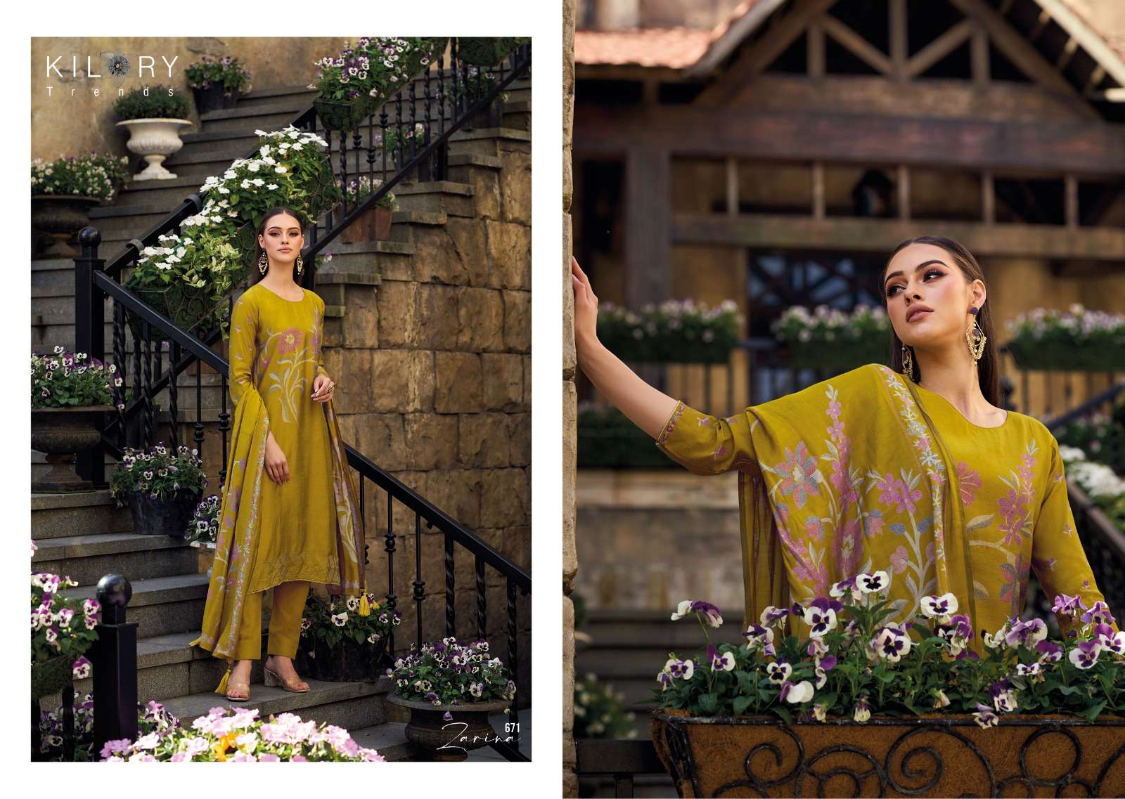 kilory trends launch zarina floral digital print fancy work salwar kameez wholesaler 