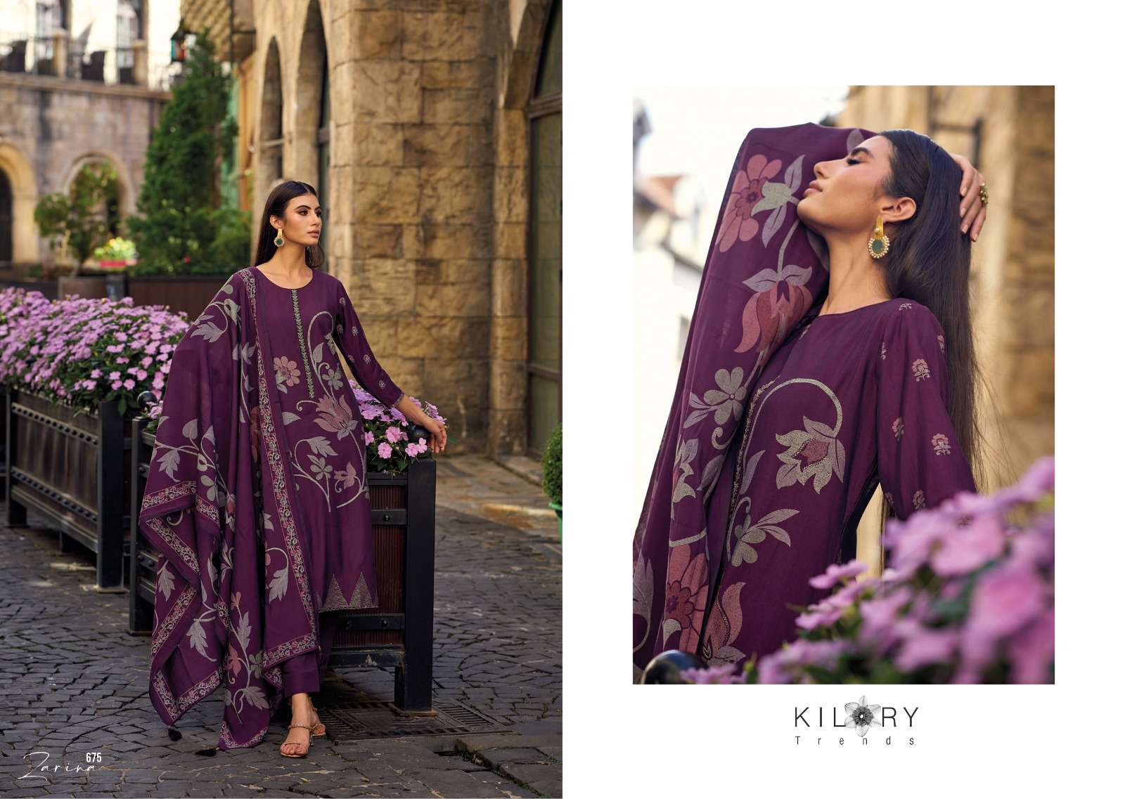 kilory trends launch zarina floral digital print fancy work salwar kameez wholesaler 