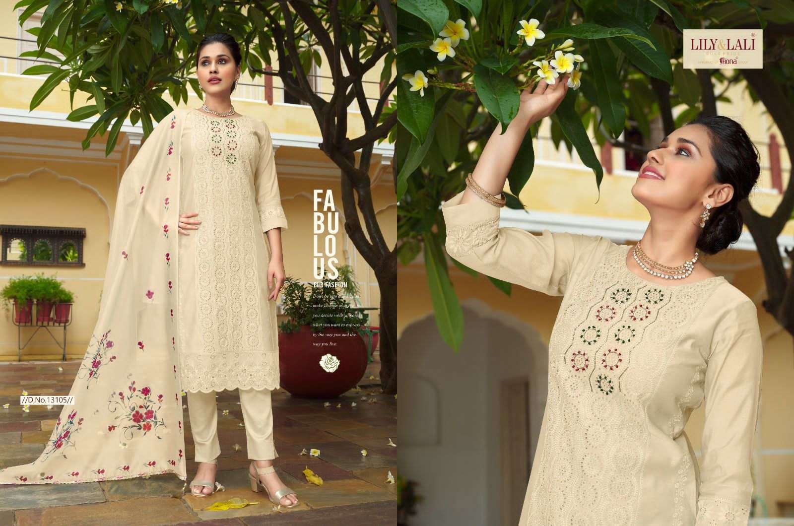 lily & lali chicken kari fabulous schiffli work kurti with pant and organza dupatta catalog 