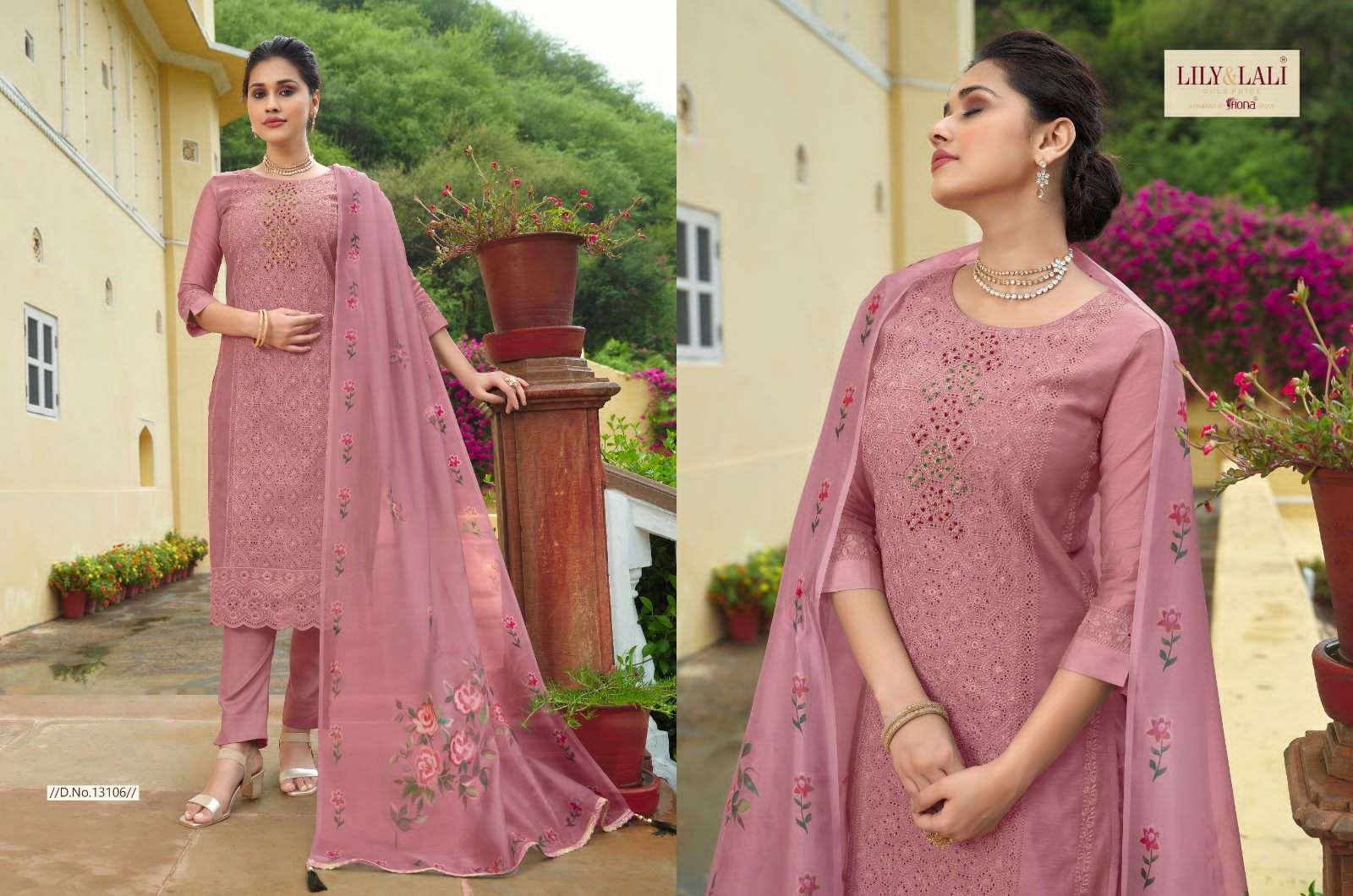 lily & lali chicken kari fabulous schiffli work kurti with pant and organza dupatta catalog 