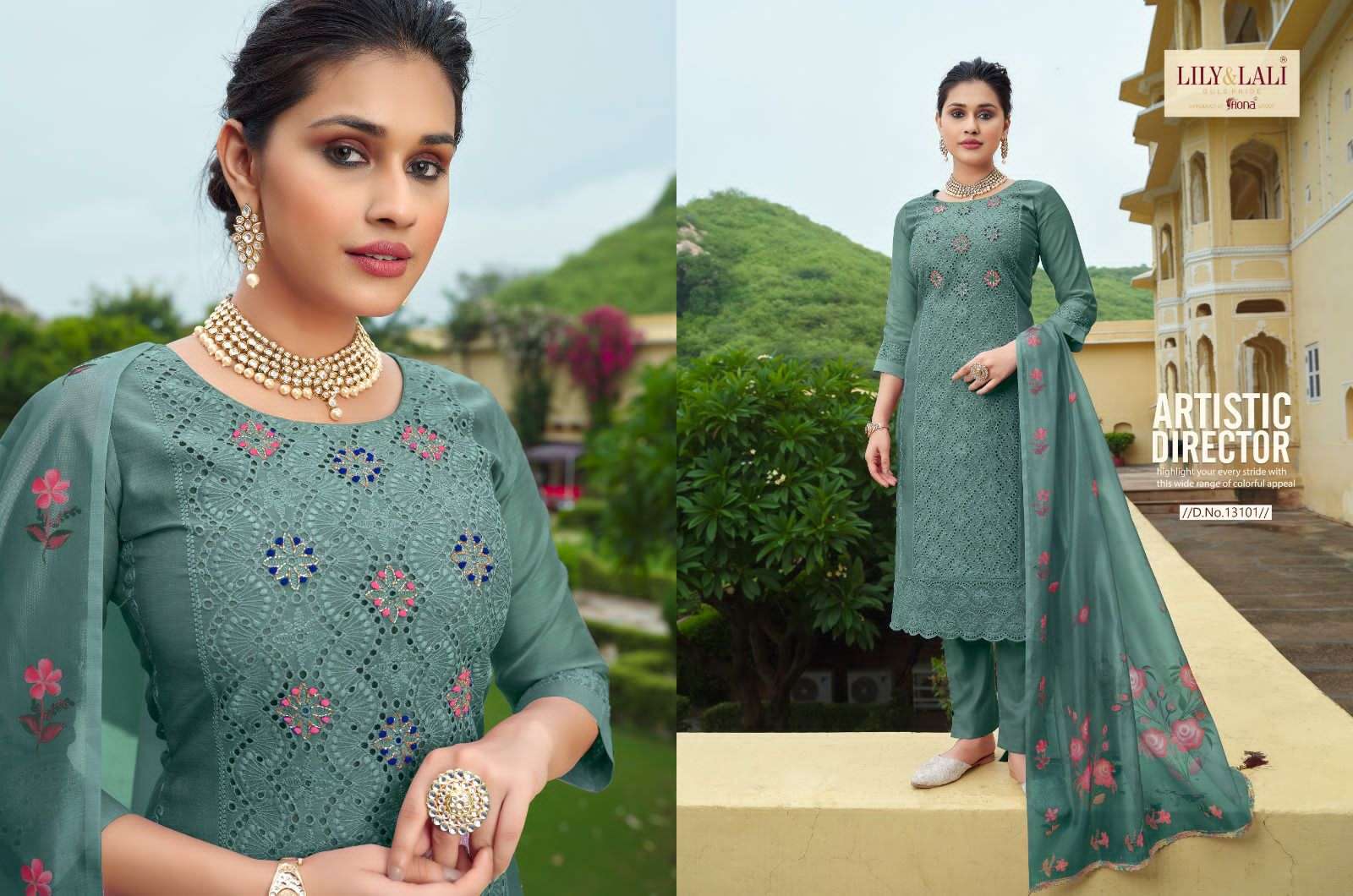 lily & lali chicken kari fabulous schiffli work kurti with pant and organza dupatta catalog 