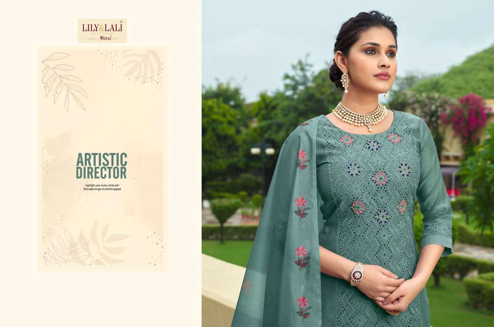 lily & lali chicken kari fabulous schiffli work kurti with pant and organza dupatta catalog 