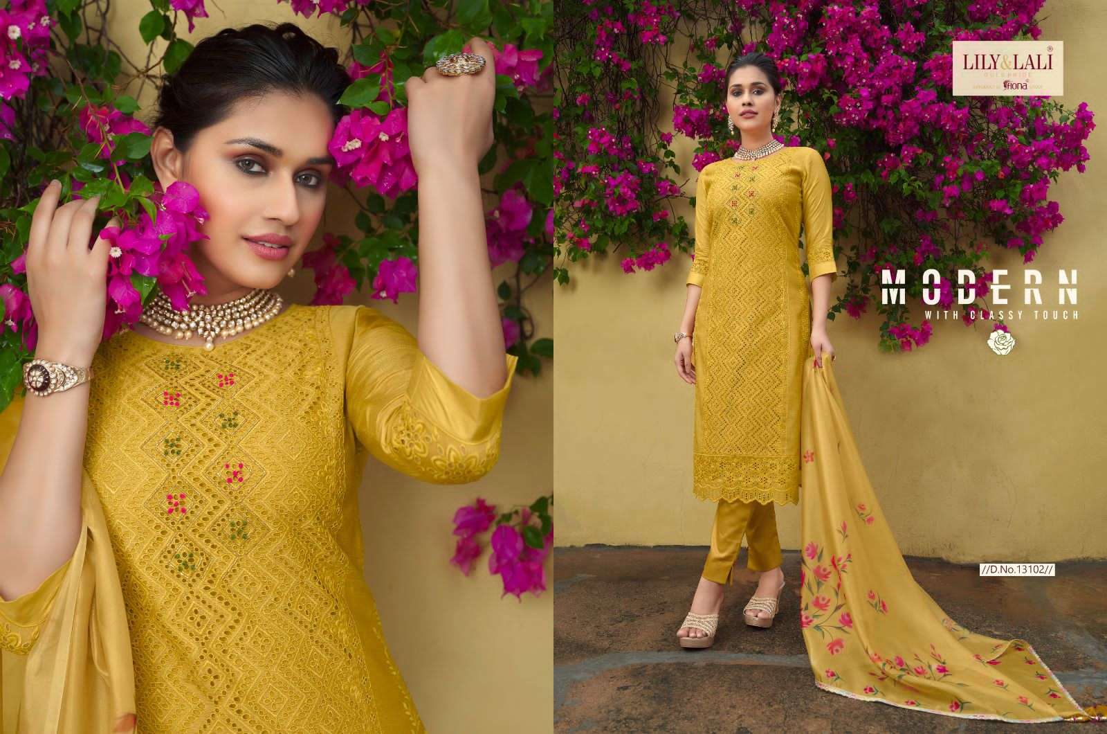lily & lali chicken kari fabulous schiffli work kurti with pant and organza dupatta catalog 
