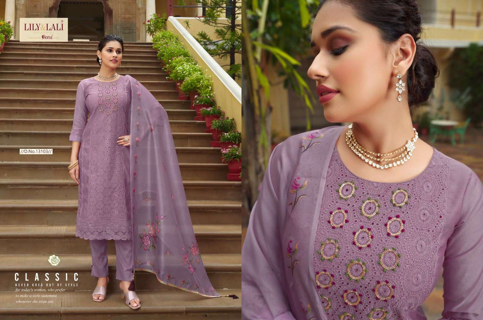 lily & lali chicken kari fabulous schiffli work kurti with pant and organza dupatta catalog 