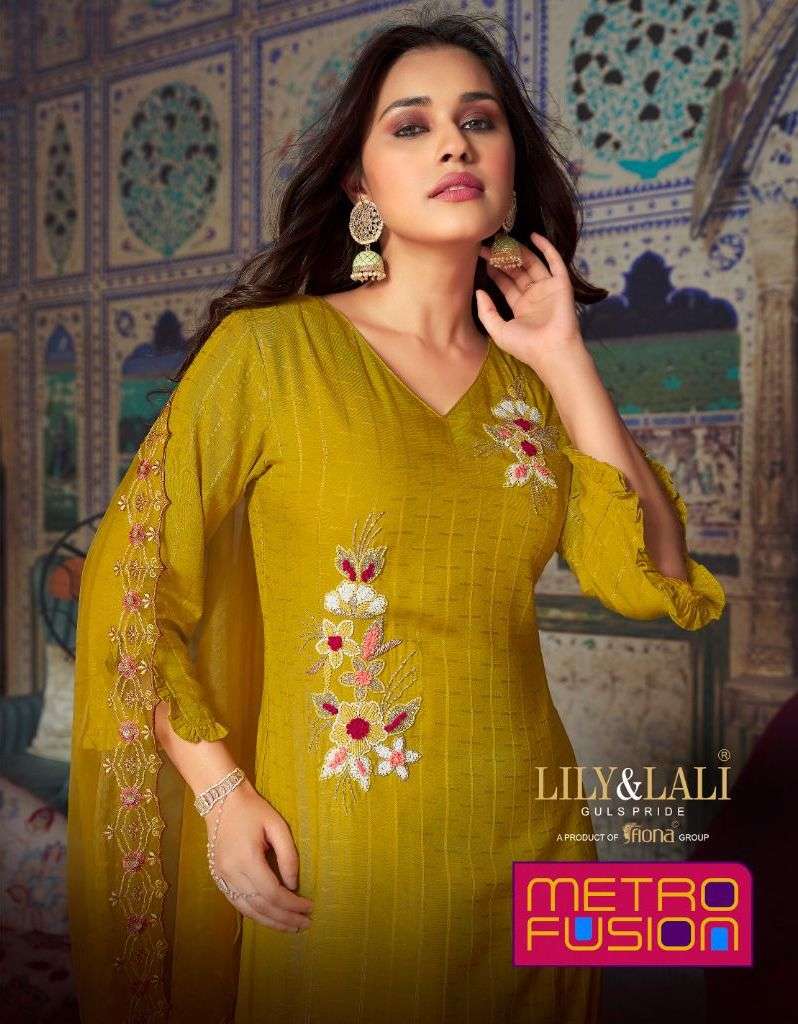 lily & lali present metro fusion beautiful fancy handwork kurti with pant and organza dupatta catalog