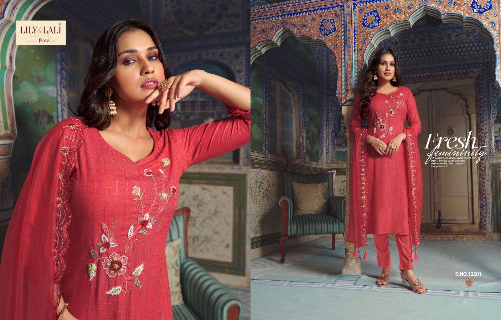 lily & lali present metro fusion beautiful fancy handwork kurti with pant and organza dupatta catalog