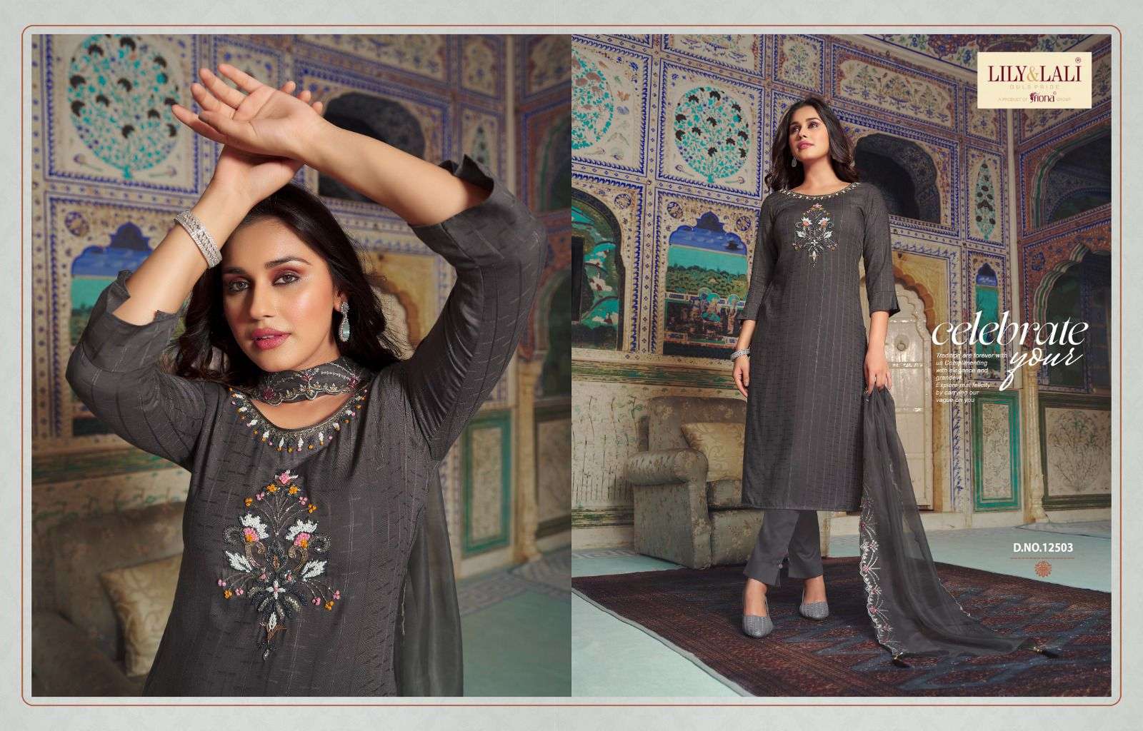 lily & lali present metro fusion beautiful fancy handwork kurti with pant and organza dupatta catalog